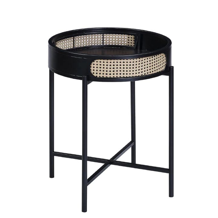 Bert 24 Inch Round End Table, Rattan Apron Accent, Metal Legs, Black-Benzara