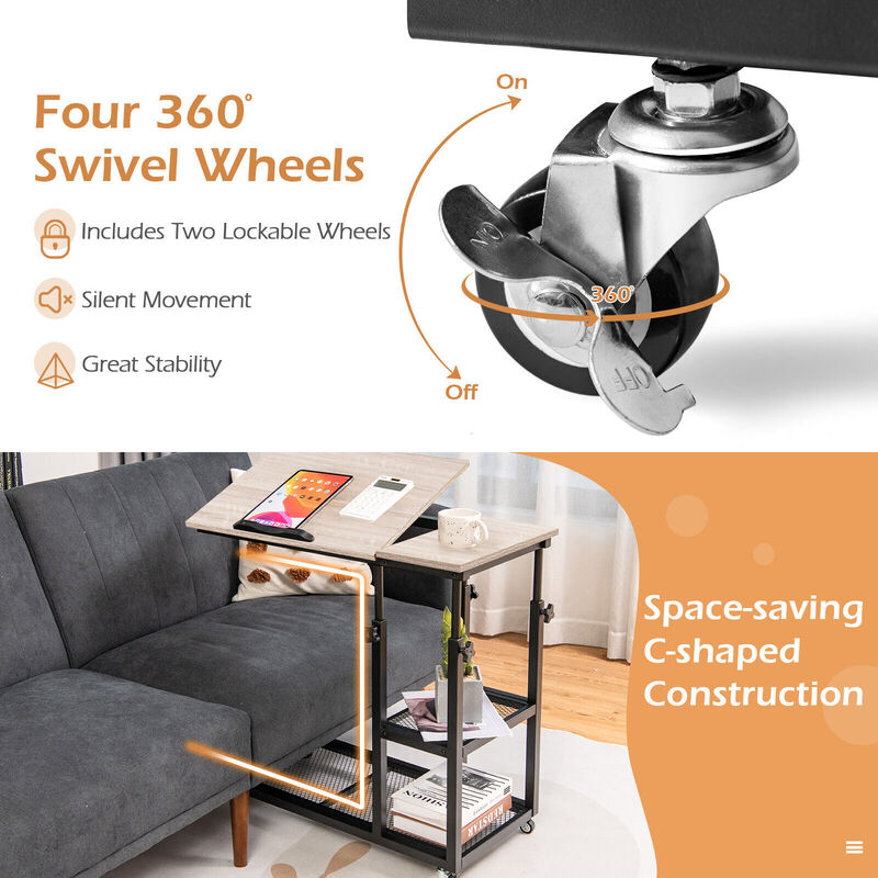 Adjustable C-Shaped Bedside Table with Wheels