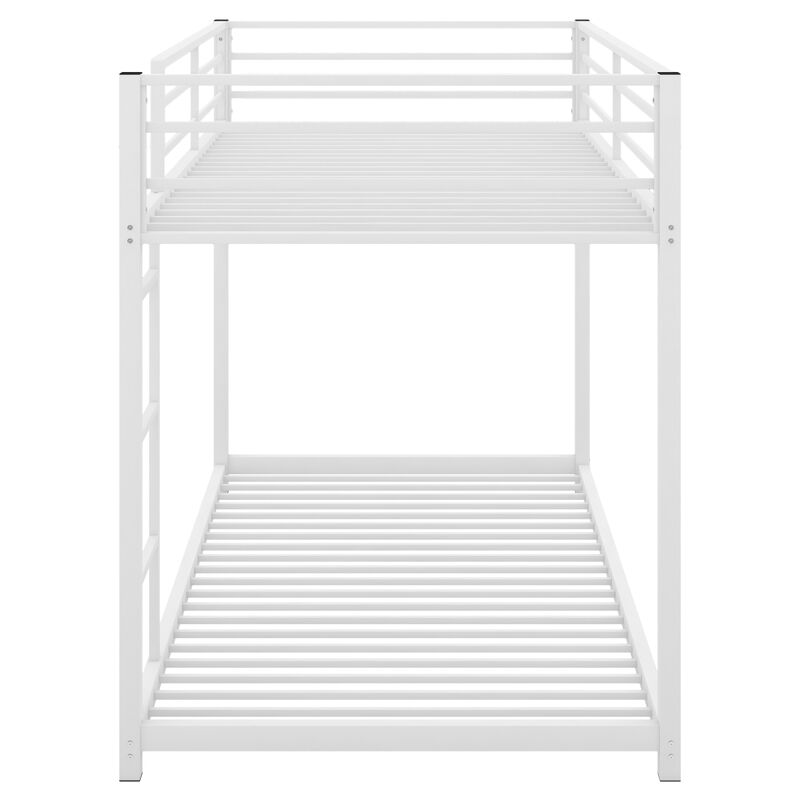 Twin over Twin Metal Bunk Bed, Low Bunk Bed with Ladder, White