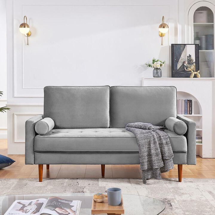 OS Home and Office Furniture 69 Inch Wide Upholstered Two Cushion Sofa with Bolster Pillows in Grey Velvet