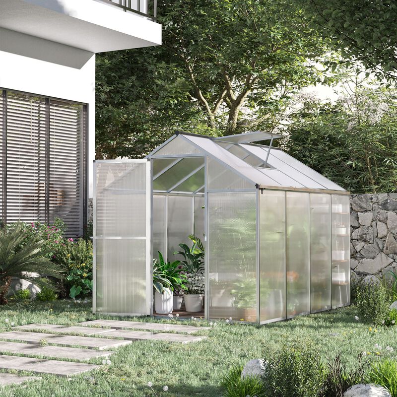 Outsunny 6' L x 6' W Walk-In Polycarbonate Greenhouse with Roof Vent for Ventilation & Rain Gutter, Hobby Greenhouse for Winter