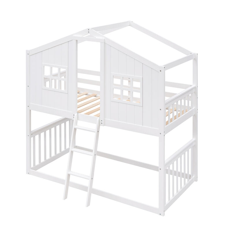 Twin Over Twin House Bunk Bed With Ladder, Wood Bed-Gray