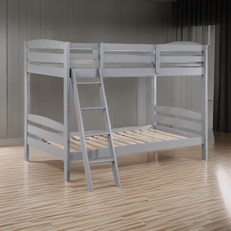 Hina Twin Bunk Bed, Angled Ladder, Sturdy Slat Design, Gray Solid Wood