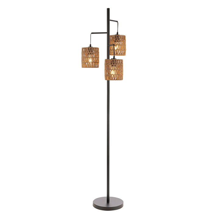 Isla 70.75" 3-Light Mid-Century Bohemian Metal/Rope LED Floor Lamp, Black/Natural