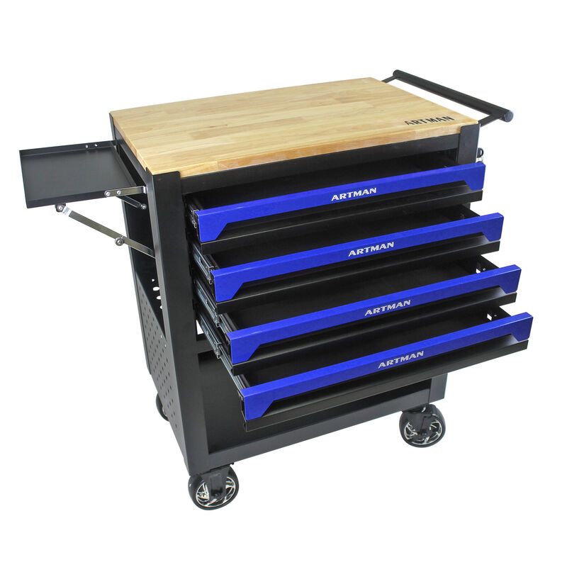 4 DRAWERS MULTIFUNCTIONAL TOOL CART WITH WHEELS AND WOODEN TOP