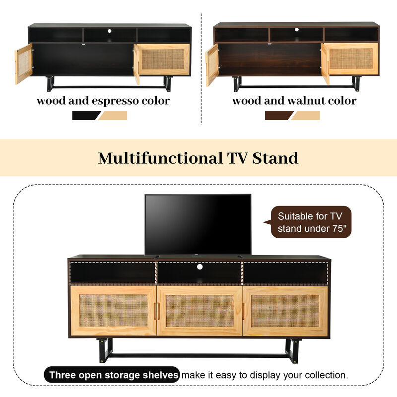 Merax Retro Rattan Console Table 3-door TV Stand