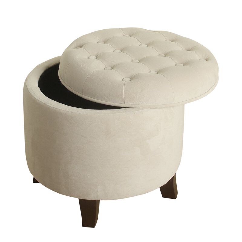 Button Tufted Velvet Upholstered Wooden Ottoman with Hidden Storage, Cream and Brown - Benzara