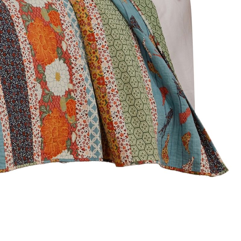 2pc Twin Quilt and Pillow Sham Set, Floral and Songbirds Prints, Multicolor - Benzara