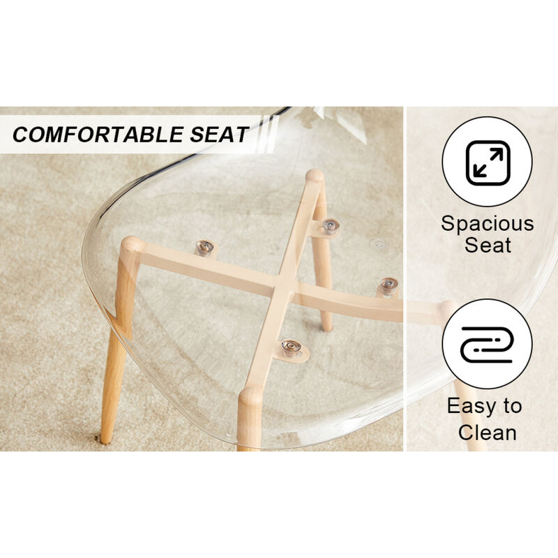 Modern simple transparent dining chair plastic chair armless crystal chair Nordic creative makeup stool negotiation chair Set of 4 and wood color metal leg, TW1200