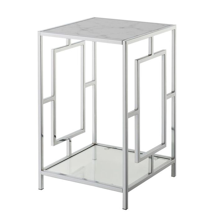 Convenience Concepts Town Square Chrome End Table with Shelf White Faux Marble/Chrome