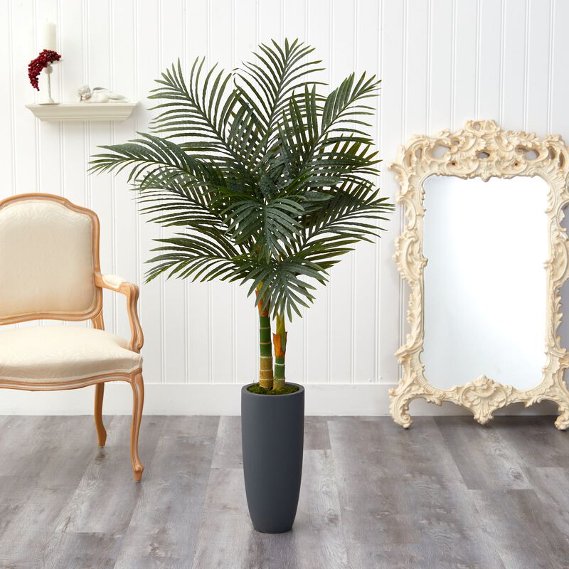 HomPlanti 58 Inches Golden Cane Artificial Palm Tree in Gray Planter