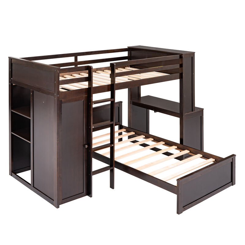 Merax Loft Bed with Storage Shelves and Wardrobe