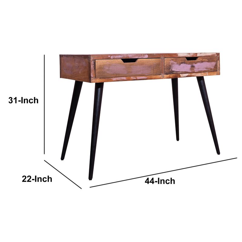 43 Inch 2 Drawer Reclaimed Wood Console Table, Angled Legs, Multi Tone Pastel Accent, Brown, Black-Benzara