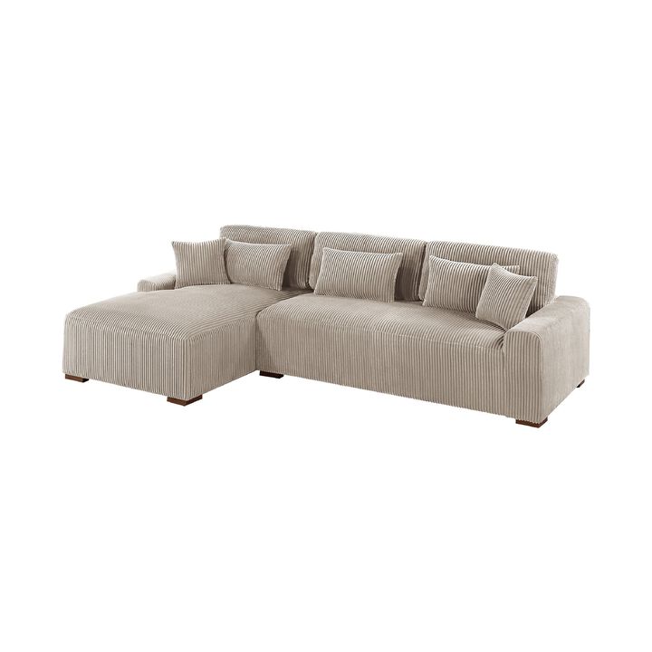 Lio 2pc XL Sectional Sofa with Chaise, 5 Throw Pillows, Brown Corduroy - Benzara