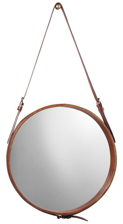 Large Round Steel Mirror, Brown Leather