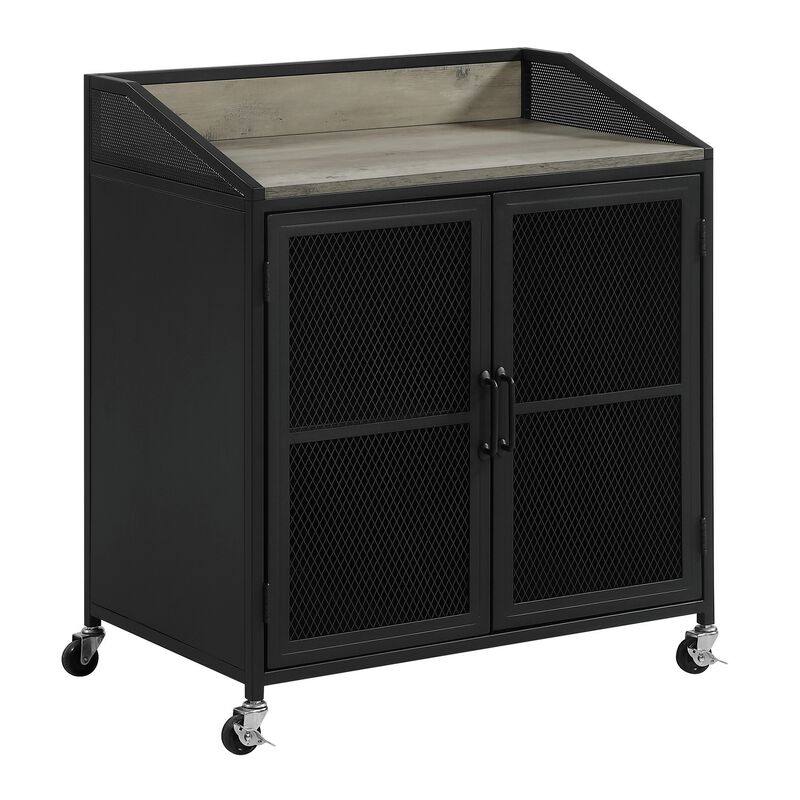 34 Inch Bar Cabinet On Wheels, Wire Mesh Doors, Wood Grain Details, Black - Benzara