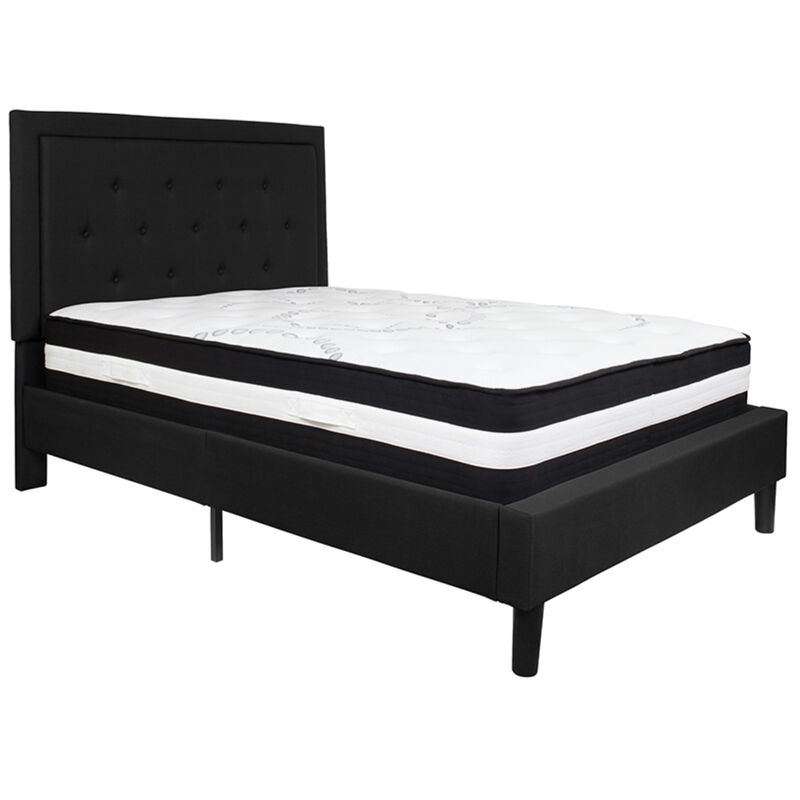 Roxbury Full Size Tufted Upholstered Platform Bed in Black Fabric with Pocket Spring Mattress