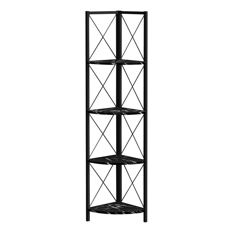 Monarch Specialties I 3650 Bookshelf, Bookcase, Etagere, Corner, 4 Tier, 60"H, Office, Bedroom, Metal, Laminate, Black Marble Look, Contemporary, Modern