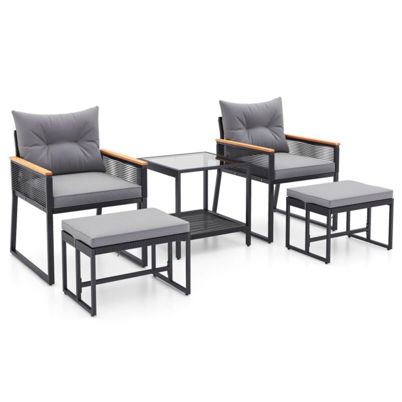 Hivvago 5 Piece Outdoor Rattan Conversation Set with 2-Layer Side Table and 2 Ottomans