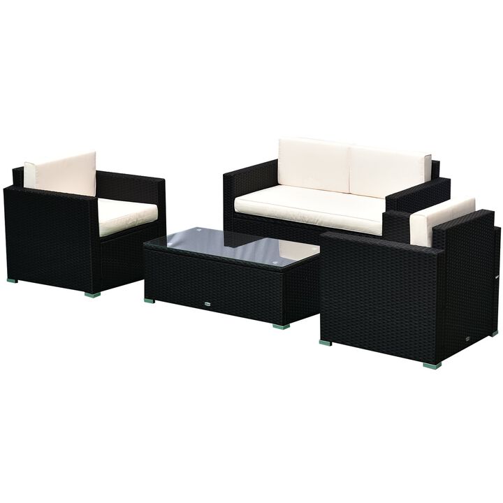 Black 4-Piece Rattan Wicker Furniture Set: Outdoor Cushioned Conversation Furniture with 2 Chairs, Loveseat, and Glass Coffee Table