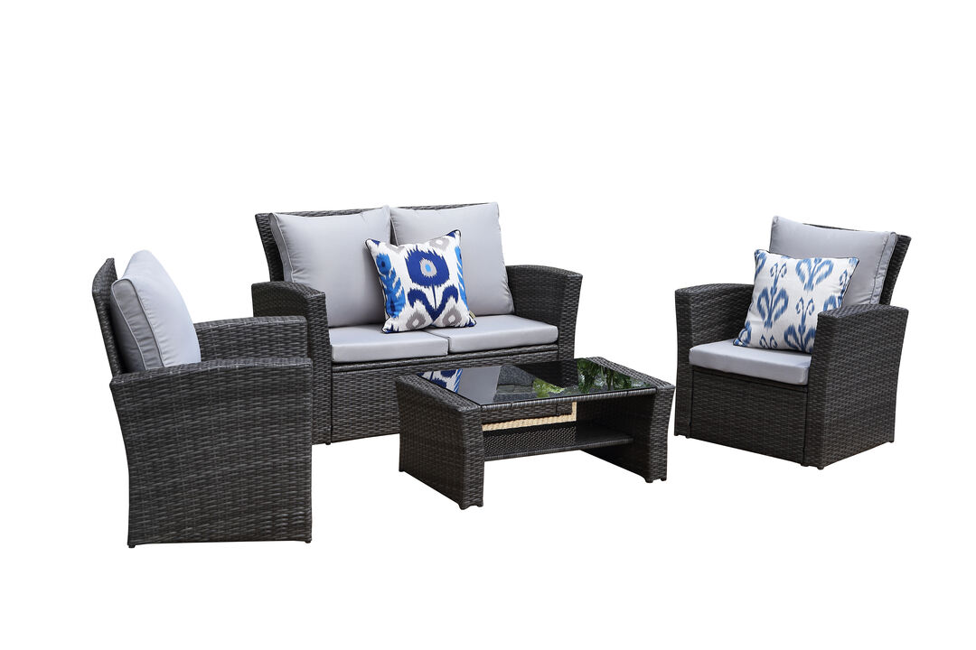 4Pieces PE Rattan Wicker Outdoor Patio Furniture Set with Grey Cushions