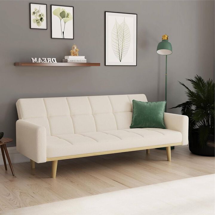 Modern Mid Century Futon Sleeper Sofa Bed in Sherpa Ivory Fabric Upholstery
