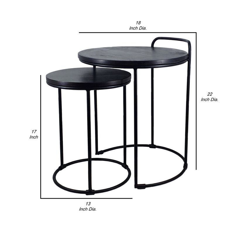 18, 22 Inch Round Nesting End Tables Set of 2, Mango Wood, Set of 2, Black-Benzara