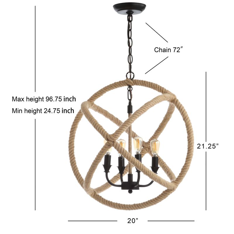 Soka 4-Light 20" Adjustable Globe Metal/Rope LED Pendant, Black/Brown