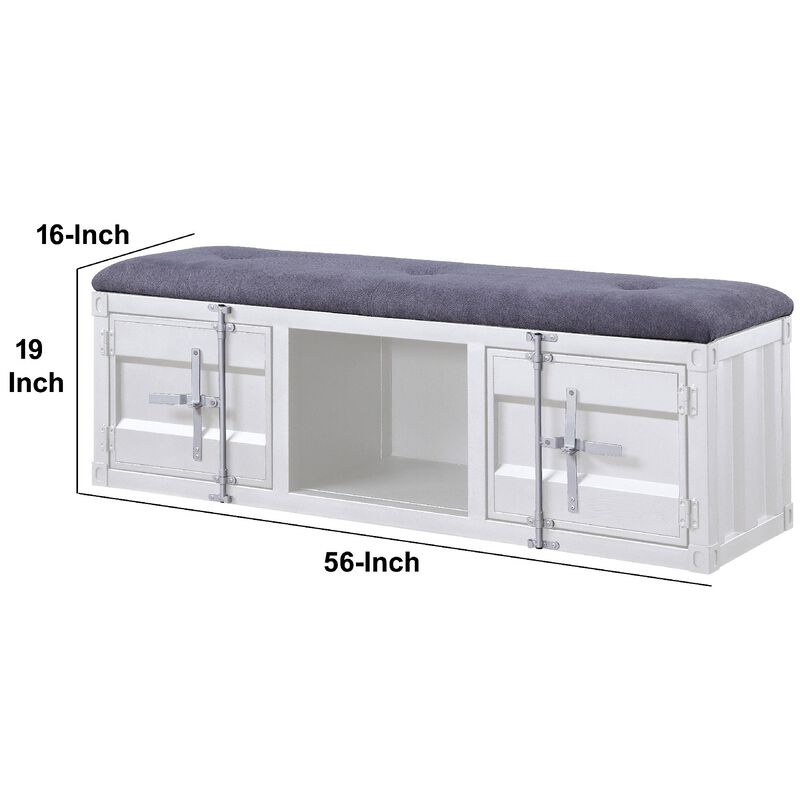 Metal Bench with Open Storage and Tufted Fabric Seat, White and Gray-Benzara