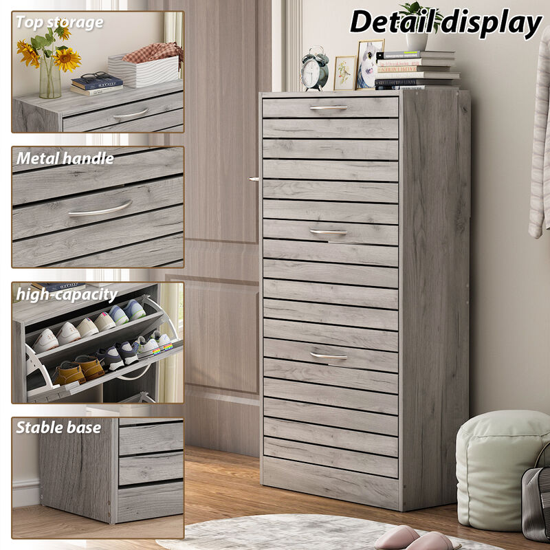 Grey Wooden Shoes Storage Cabinet, with 3 Drawers for Entryway Hallway, 42.3 in. H x 22.4 in. W