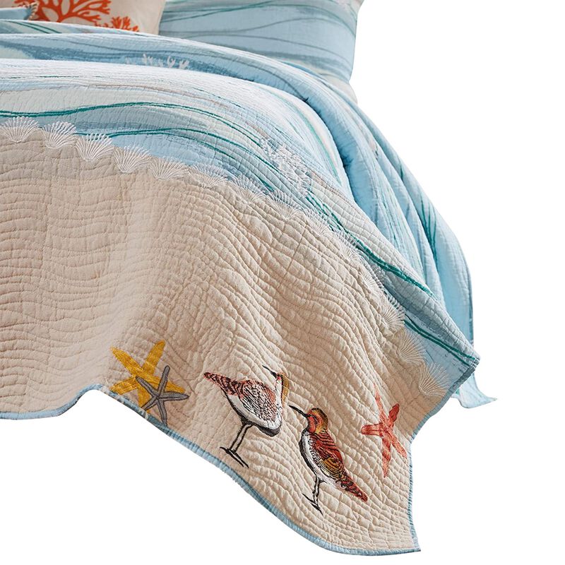 Maritsa Five Piece Queen Size Fabric Quilt Set with Coastal Prints, Blue-Benzara