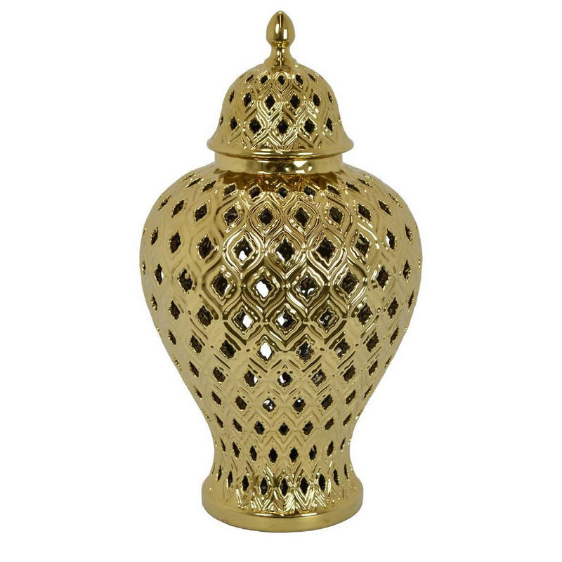 Deni 18 Inch Temple Jar, Pierced, Carved Lattice Design, Lid, Gold - Benzara