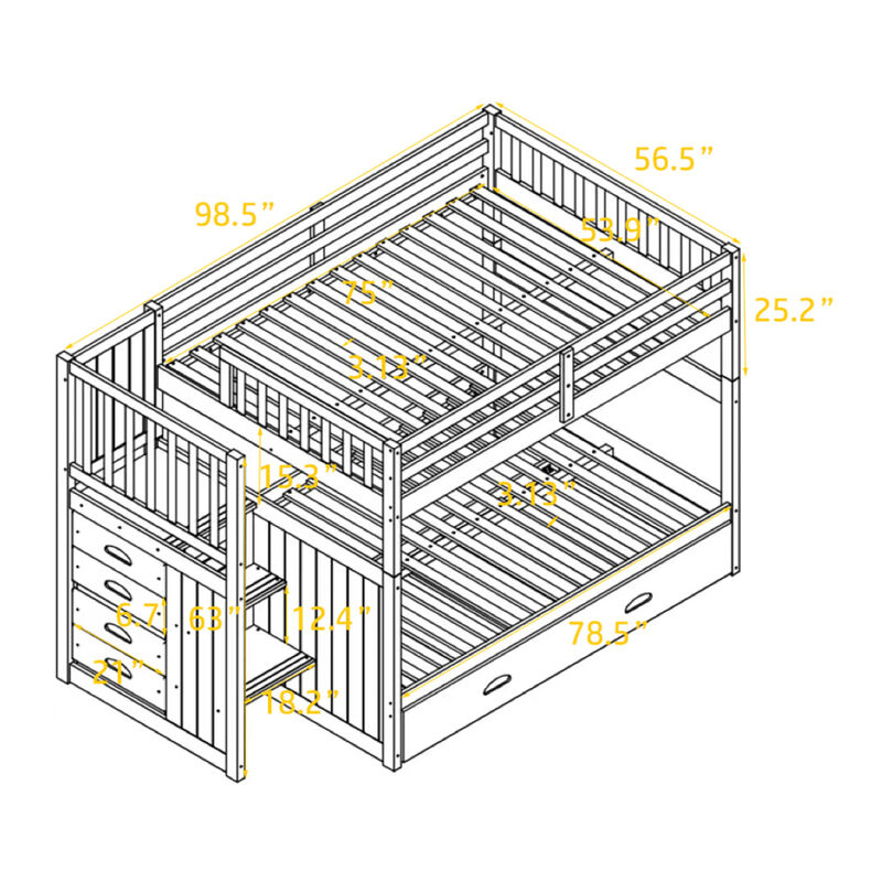 Full over Full Bunk Bed with Twin Size Trundle, White