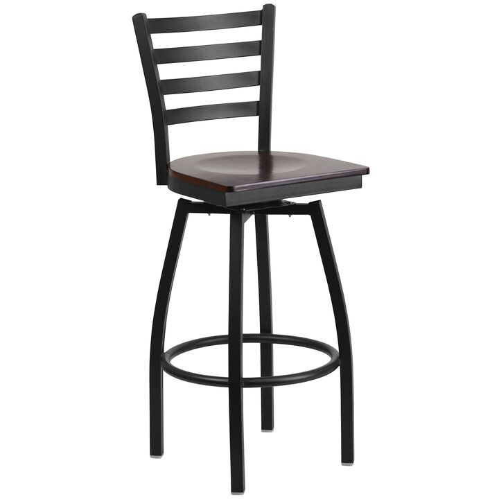 Flash Furniture HERCULES Series Black Ladder Back Swivel Metal Barstool - Walnut Wood Seat