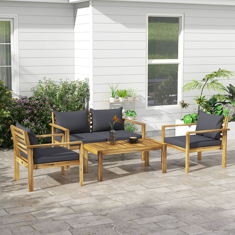 Outsunny 4 PCs Wood Outdoor Patio Furniture Set with Table, Cushions