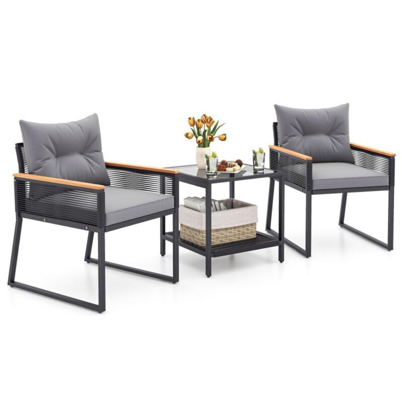 Hivvago 3 Pieces Patio Furniture Set with 2 Tier Coffee Table and Soft Seat Cushions