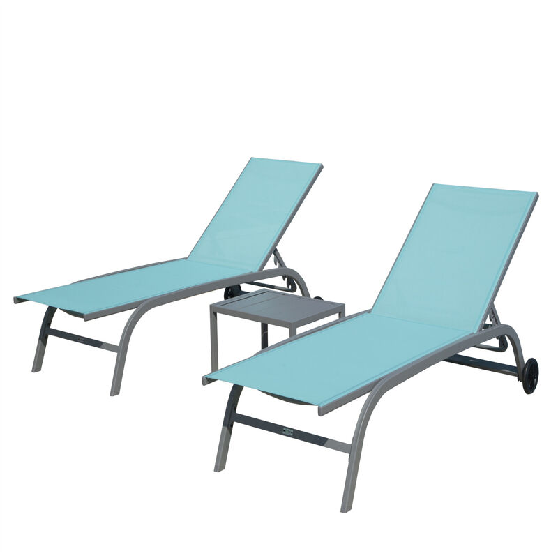 Chaise Lounge Outdoor Set of 3, Lounge Chairs for Outside with Wheels, Outdoor Lounge Chairs with 5 Adjustable Position, Pool Lounge Chairs for Patio, Beach(Turquoise Blue, 2 Lounge Chairs+1 Table)