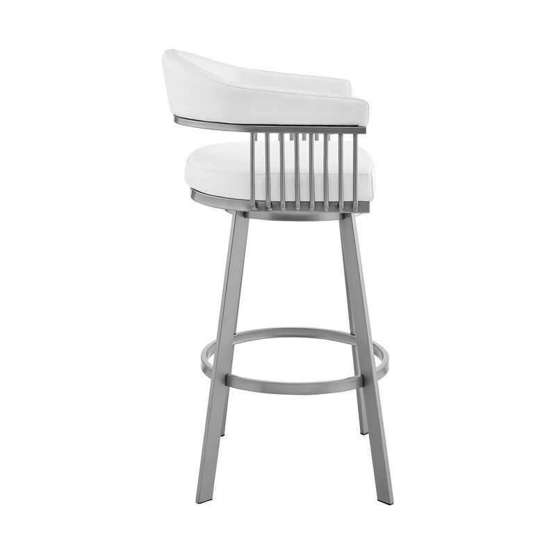 Bronson Bar Height Swivel Bar Stool in Silver finish and White Faux Leather