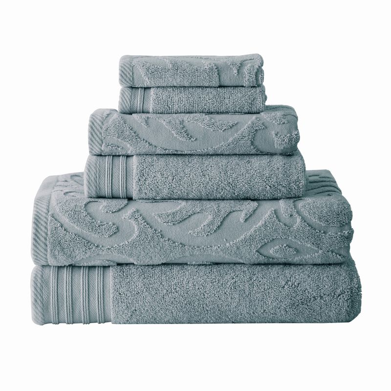 Oya 6 Piece Soft Egyptian Cotton Towel Set, Medallion Pattern, Blue Gray-Benzara