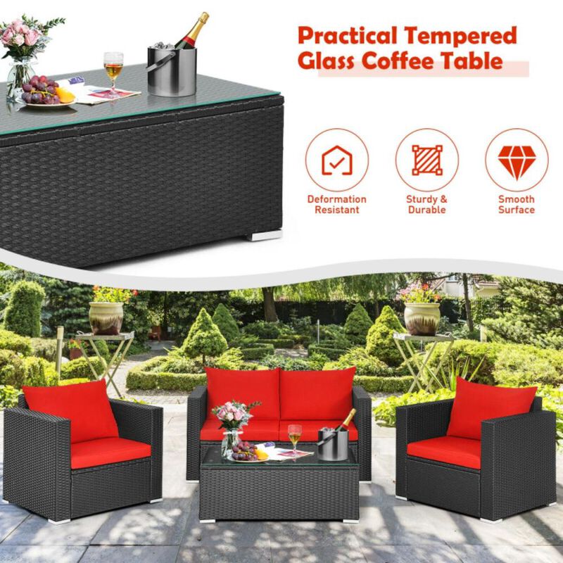 Hivvago 4 Pieces Patio Rattan Conversation Set with Padded Cushions