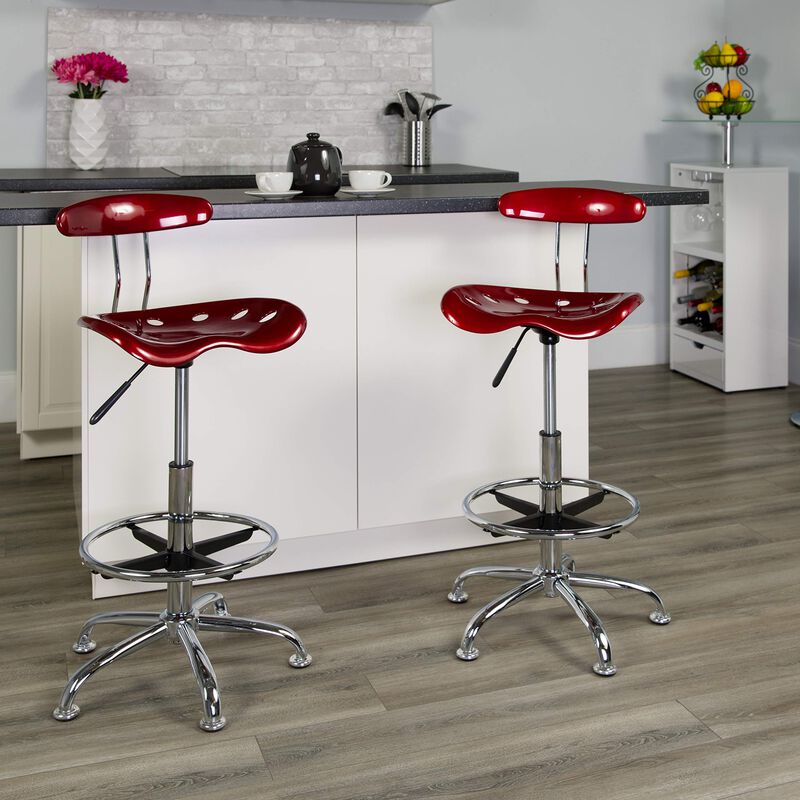 Flash Furniture Bradley Vibrant Wine Red and Chrome Drafting Stool with Tractor Seat