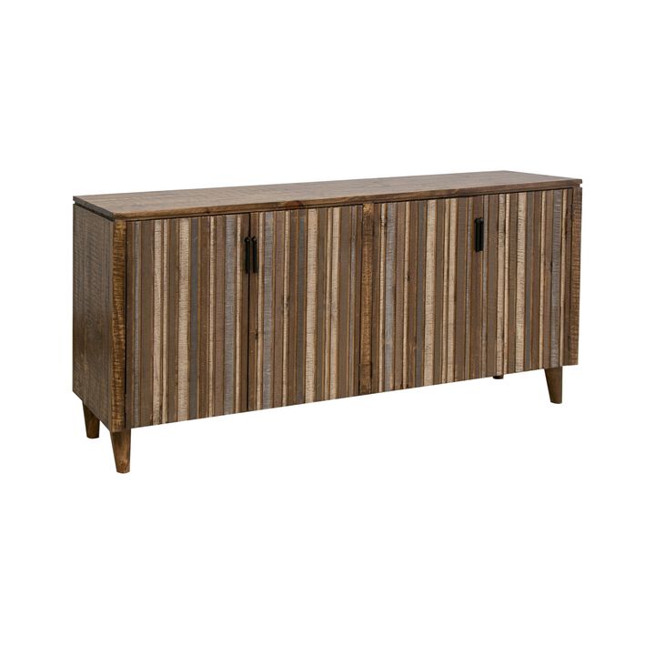 Texu 69 Inch Sideboard Console, Brown Blue Pine, 4 Doors, Pendant Handles - Benzara