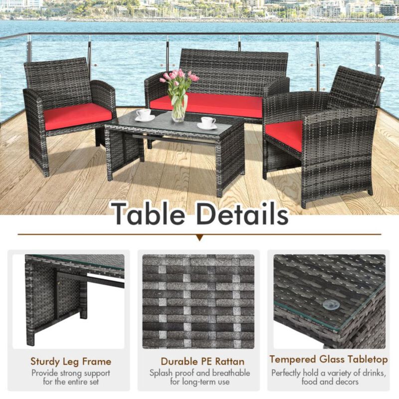 Hivvago 4 Pieces Patio Rattan Furniture Set with Glass Table and Loveseat