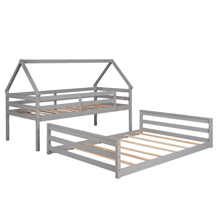 Twin Over Full House Bunk Bed with Built-in Ladder