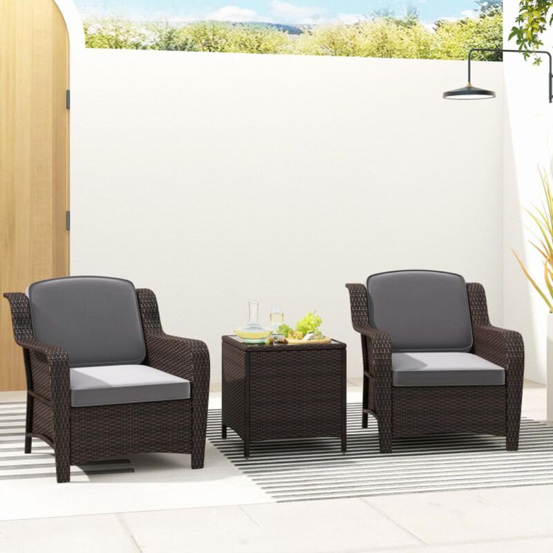 Hivvago 3 Pieces Outdoor Rattan Furniture Set with Cushions and Tempered Glass Coffee Table