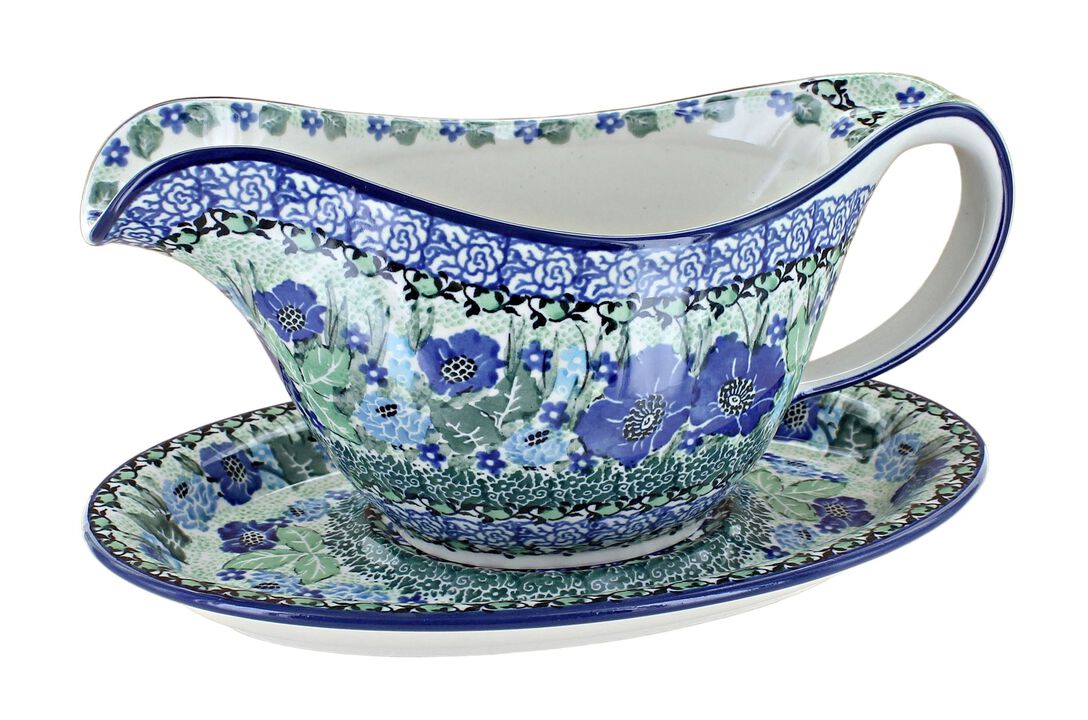 Blue Rose Polish Pottery Sapphire Fields Gravy Boat & Plate