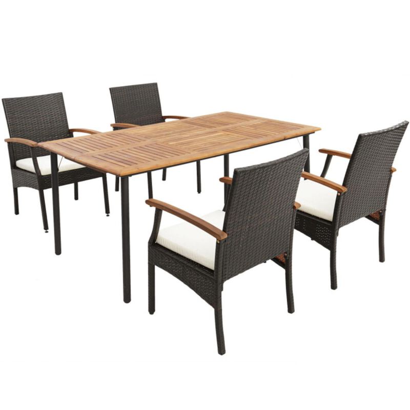 Hivvago 5 Pieces Patio Wicker Cushioned Dining Set with Wood Armrest and Umbrella Hole