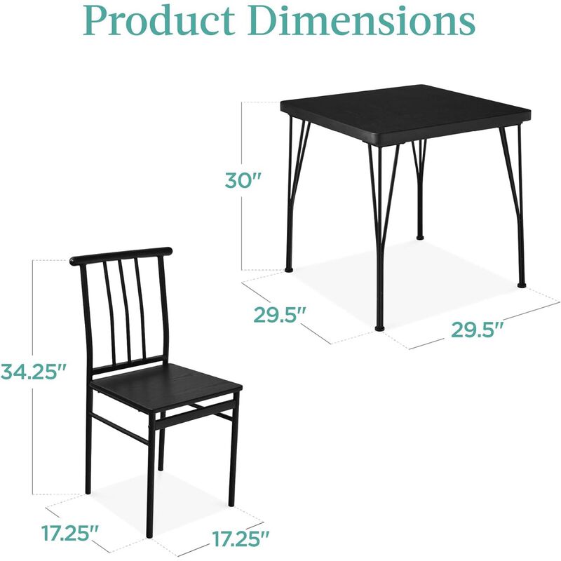 Modern 3 Piece Metal Frame Dining Set with Black Wood Top Table and 2 Chairs