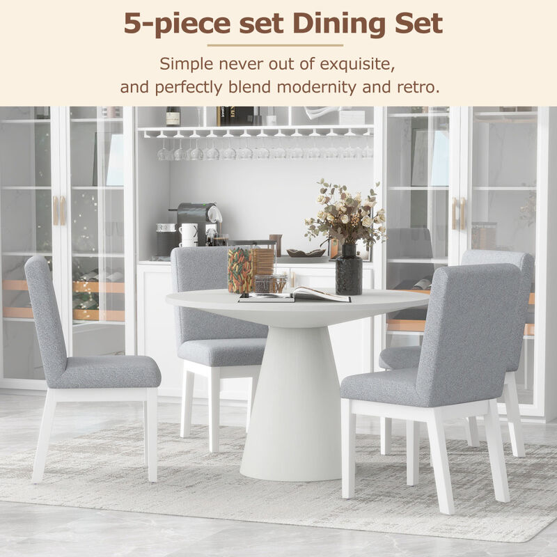 5piece Dining Set Retro Round Table with 4 Upholstered Chairs for Living Room, Dining Room (White)
