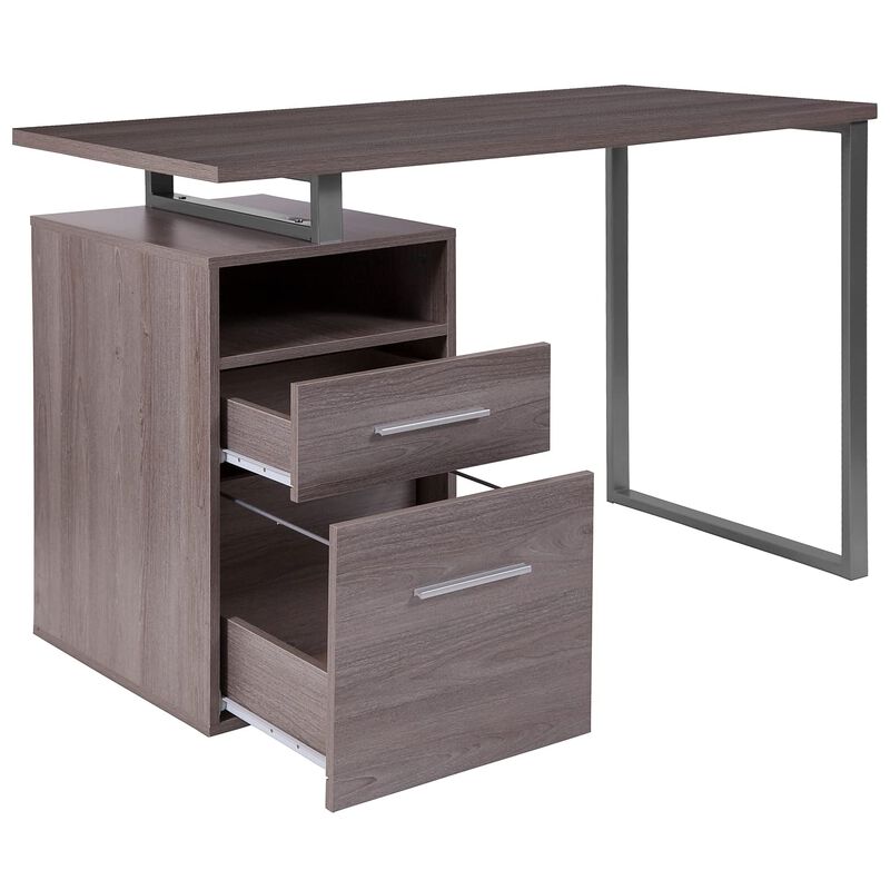 Flash Furniture Harwood Light Ash Wood Grain Finish Computer Desk with Two Drawers and Silver Metal Frame